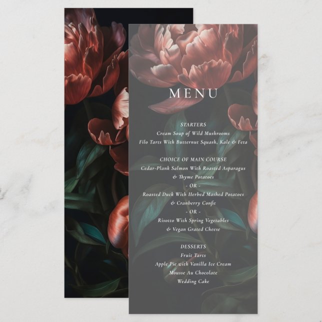 Menú Bella Artes romántico oscuro Boda floral (Anverso / Reverso)