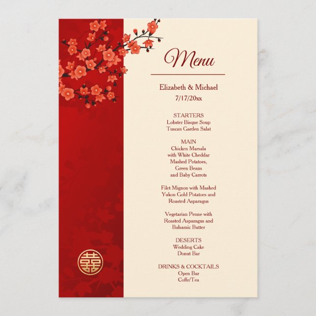 Menú BILINGÜE Flor de Cerezo Roja Boda China (Anverso)