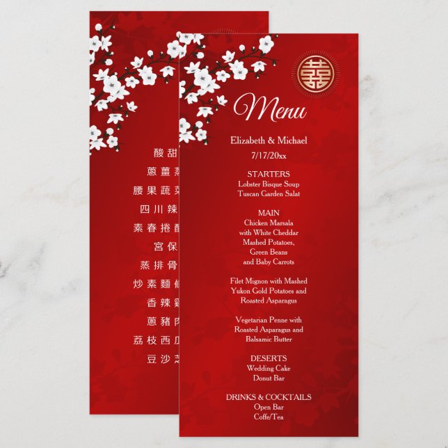 Menú BILINGÜE Flores Orientales Blancas Boda China (Anverso / Reverso)