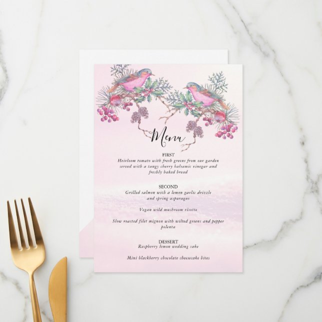 Menú Birds & Berries Pinecone Watercolor Winter Wedding (Anverso/Reverso In Situ)