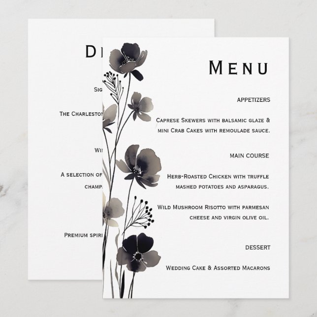 Menú Black and White Floral Wedding (Anverso / Reverso)
