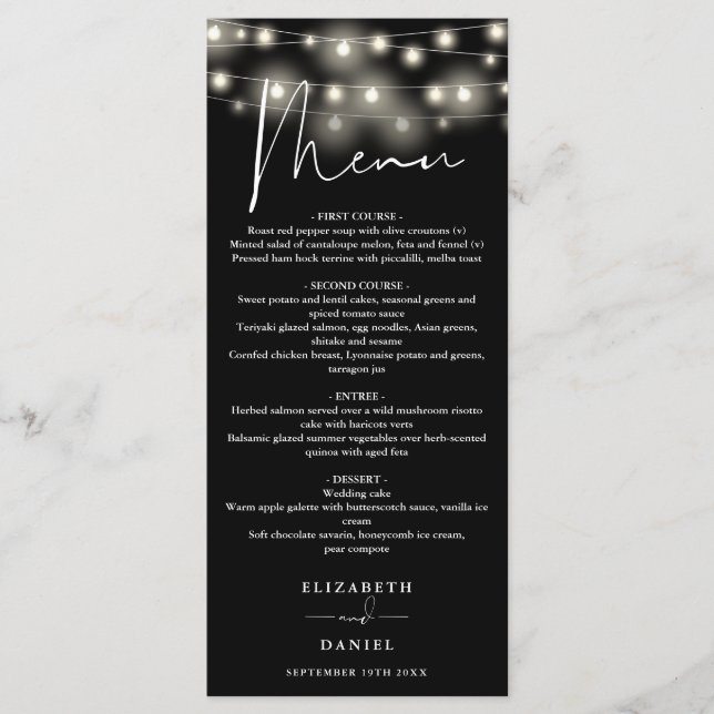 Menú Black And White String Lights Wedding Dinner (Anverso)