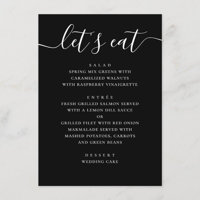 Menú Black Modern Script Wedding | Minimalist Casual (Anverso)