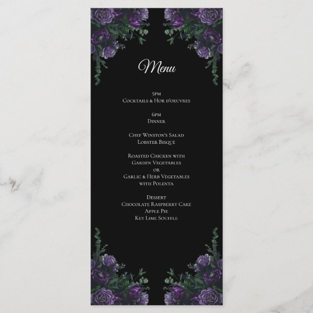 Menú Black Purple Floral Elegant Wedding Gótico (Anverso)