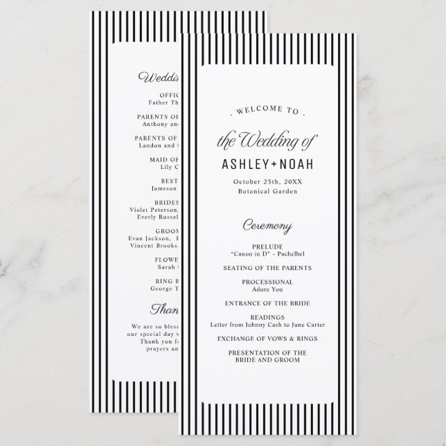 Menú Black Striped Elegance Classy Wedding Program (Anverso / Reverso)