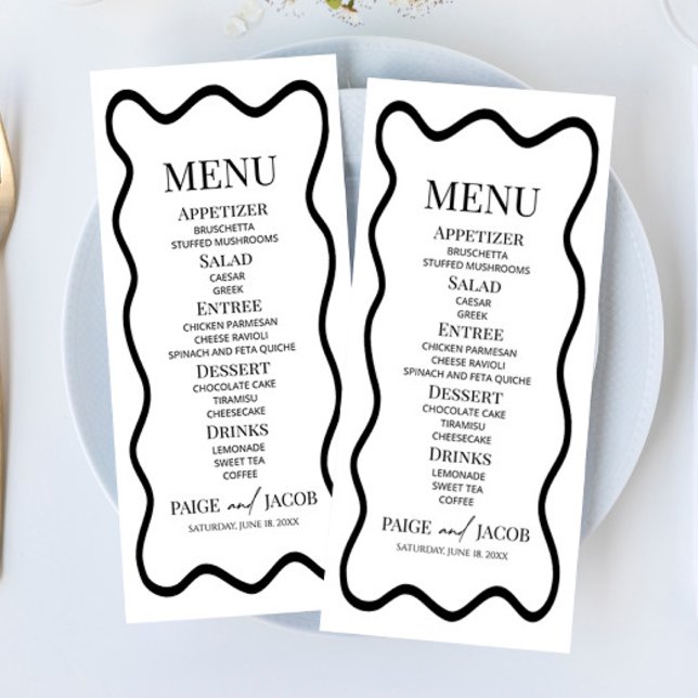 Menú Black White Elegant Wavy Border Wedding Food (Subido por el creador)