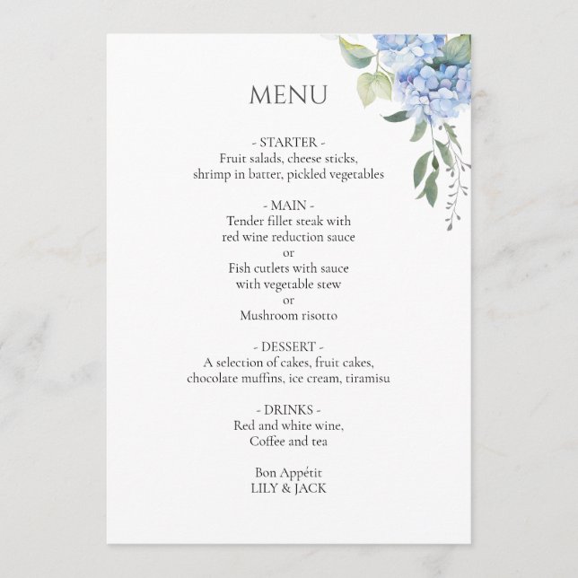 Menú Blanca | Elegante Boda beige azul hidrangea (Anverso)
