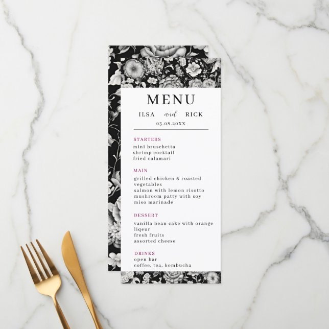 Menú Bloom nocturno: Una boda elegante floral oscura (Anverso/Reverso In Situ)