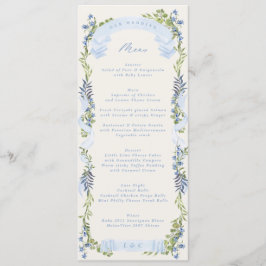 Menú blue and greenery garden crest wreath wedding
