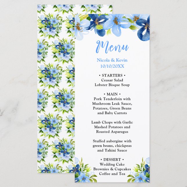 Menú Blue and Navy Flowers with Foliage  (Anverso / Reverso)