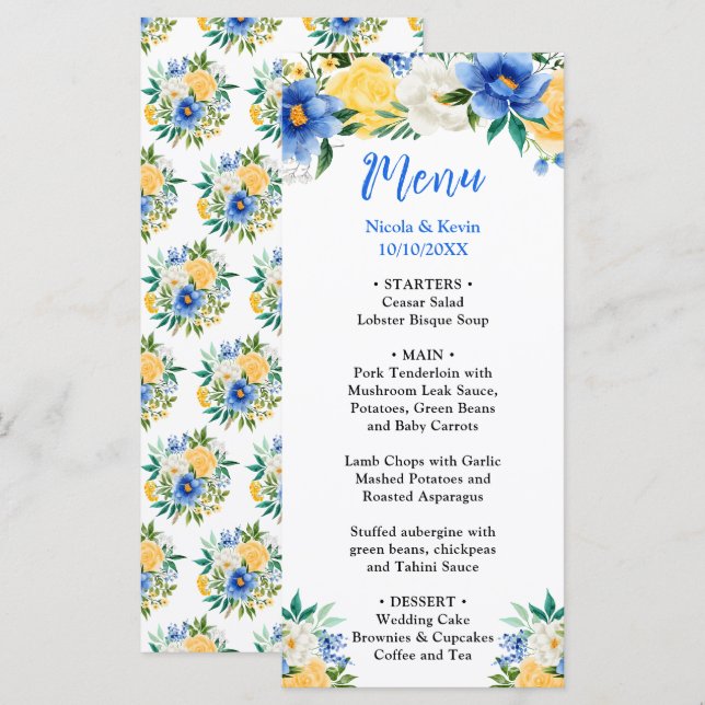 Menú Blue and Yellow Floral Wedding (Anverso / Reverso)