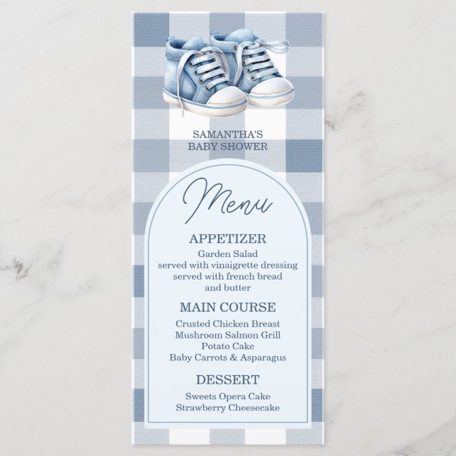 Menú Blue Baby Shoes Gingham Boy Booties Baby Shower (Anverso)