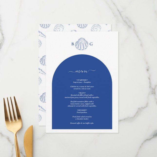 Menú Blue Clam Seashells Coastal Seaside Beach Wedding (Anverso/Reverso In Situ)