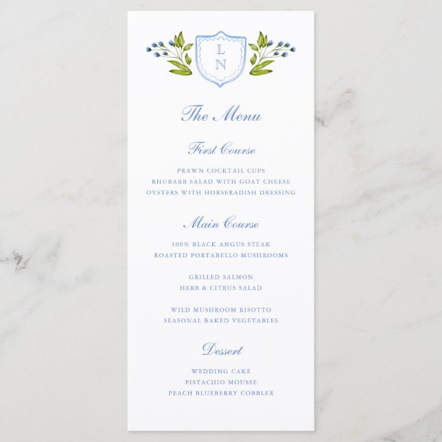 Menú Blue Floral Crest Wedding (Anverso)