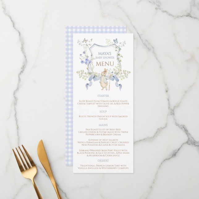 Menú Blue Gingham Peter the Rabbit Baby Shower MUTED BL (Anverso/Reverso In Situ)