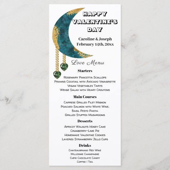 Menú Blue Gold Moon Green Heart Jewels San Valentín (Anverso)