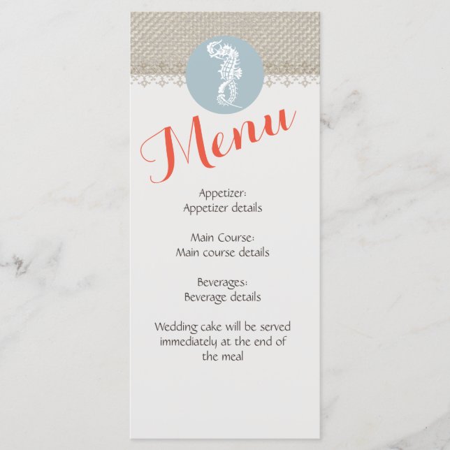 Menú Blue Seahorse Blue Classic Nautical Elegant (Anverso)