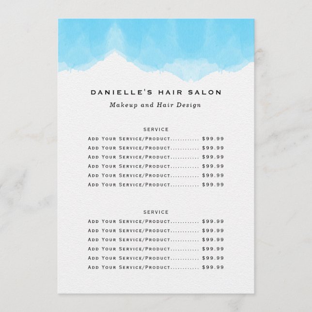 Menú Blue Watercolor Fashion Biz Price List