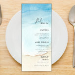 Menú Blue Watercolor Ocean Beach Sand Boda Cena<br><div class="desc">Este elegante menú nupcial con texto personalizado,  acuarela oceánica y playa sería una maravillosa adición a su fiesta. Cambie fácilmente el texto haciendo clic en la opción "personalizar esta plantilla".</div>