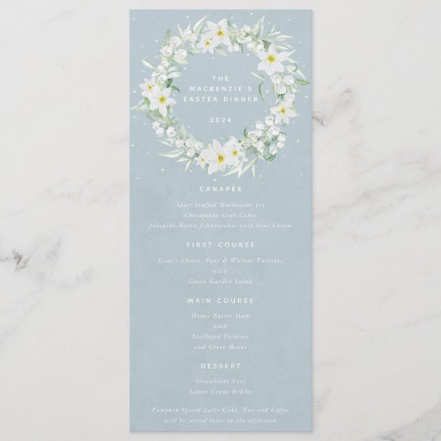 Menú Blue White Floral Wreath Wreath Flat 4 Curso (Anverso)