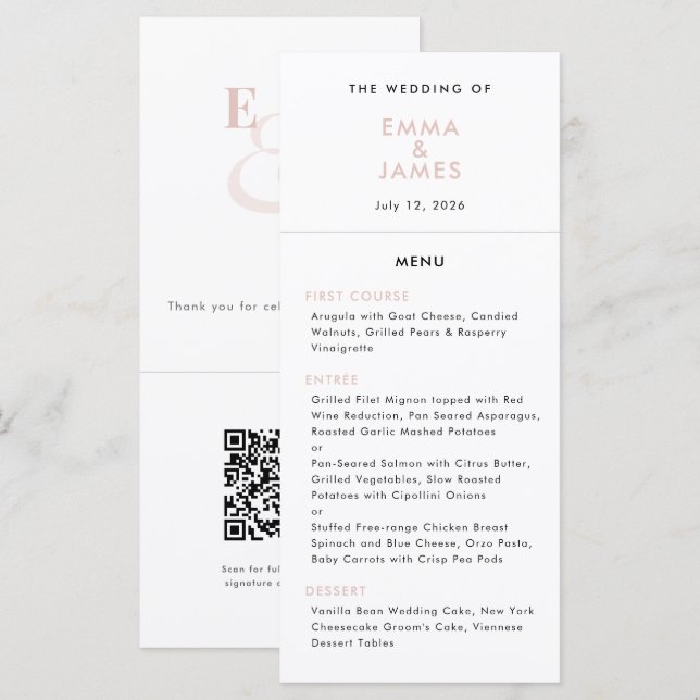 Menú Blush Ampersand Boda | Código QR | Elegante (Anverso / Reverso)