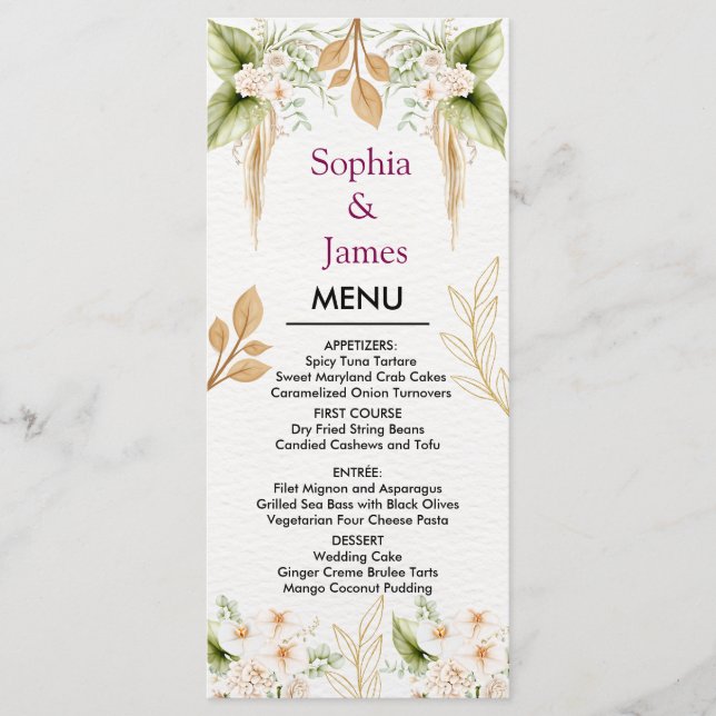 Menú Blush Floral Gold Geometric wedding (Anverso)