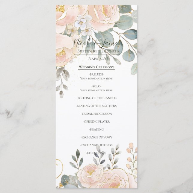 Menú Blush Peony & Eucalyptus Botanical Floral Wedding  (Anverso)