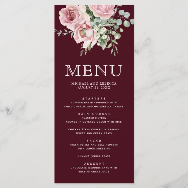 Menú Blush Pink Floral Eucalyptus Burgundy Wedding (Anverso)