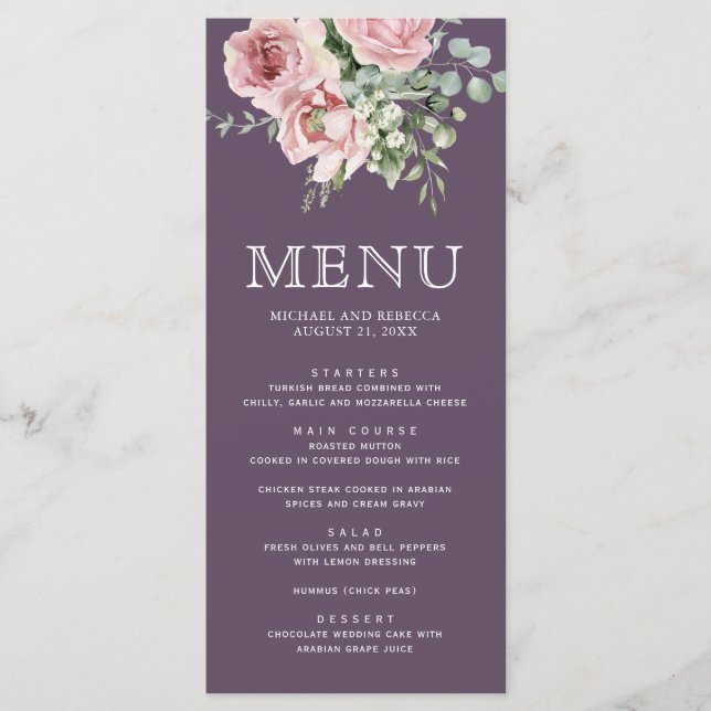 Menú Blush Pink Floral Eucalyptus Dusty Purple Wedding (Anverso)