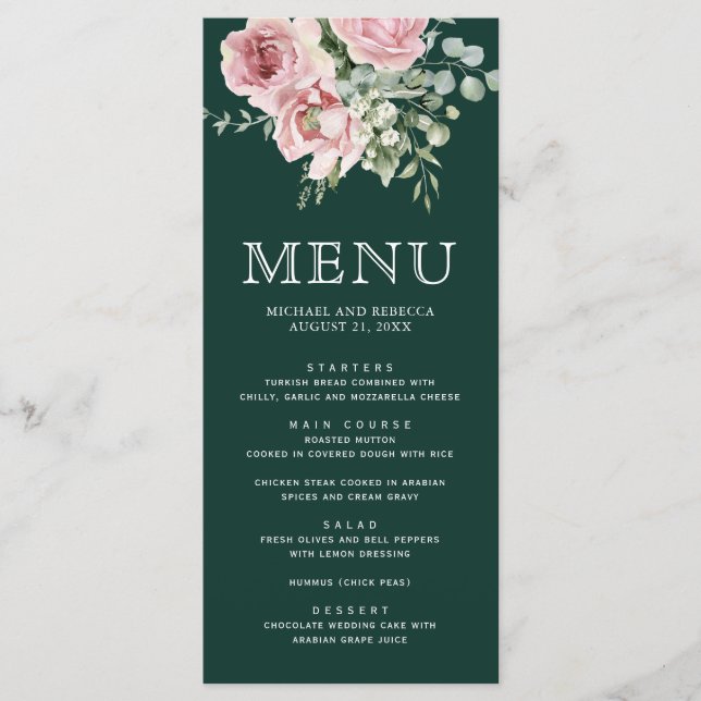 Menú Blush Pink Floral Eucalyptus Emerald Green Wedding (Anverso)