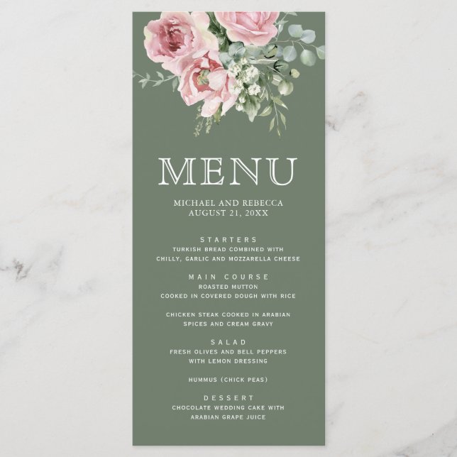 Menú Blush Pink Floral Eucalyptus Sage Green Wedding (Anverso)
