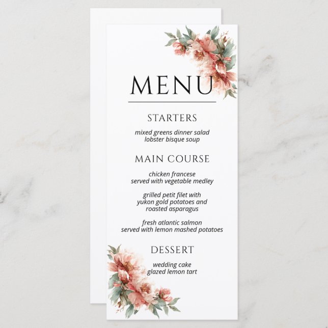 Menú Blush Pink Peony Coral Elegant Dinner Wedding  (Anverso / Reverso)