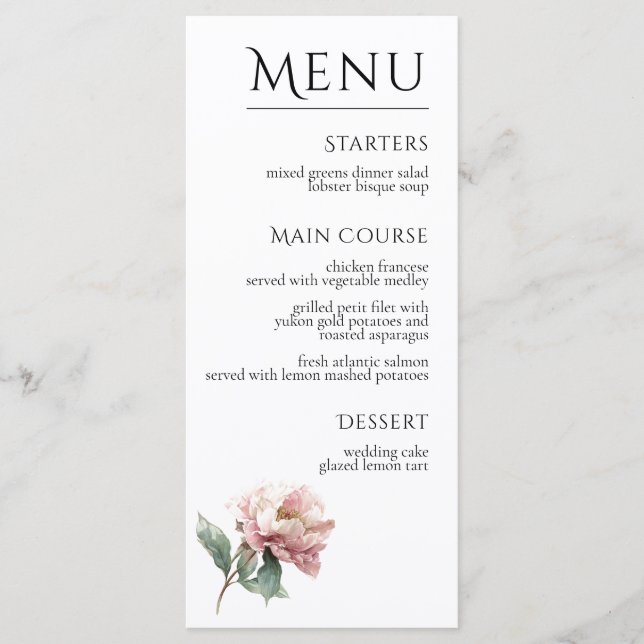 Menú Blush Pink Peony Flower Elegant Dinner Wedding  (Anverso)