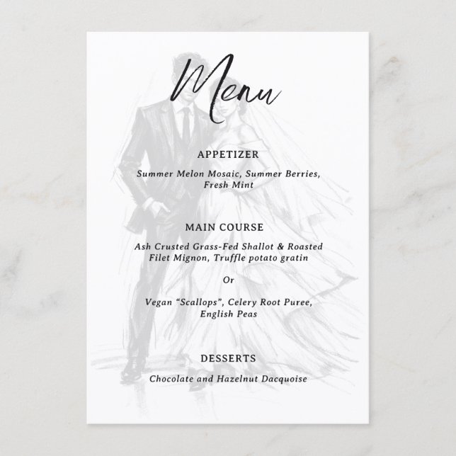 Menú Boceto de moda moderno de pareja de boda en carbon (Anverso)