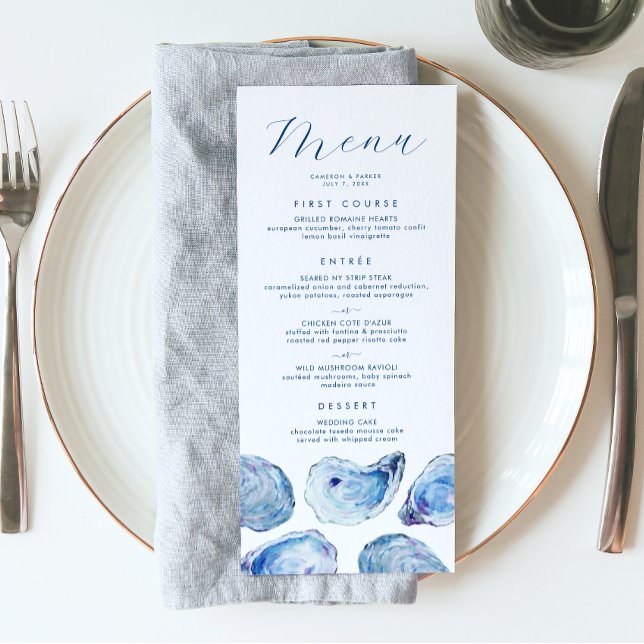 Menú Boda acuarela azul de ostra (Oyster Wedding Menu with three meal options and Elegant blue watercolor oyster shell illustrations)