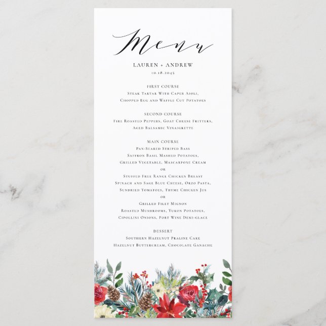 Menú Boda acuarela de invierno florece en garland (Anverso)