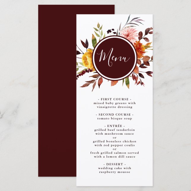 Menú Boda acuarela de otoño jardín Borgoña (Anverso / Reverso)