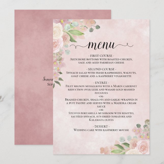 Menú Boda acuarela floral Rubor rosa y malva (Anverso / Reverso)