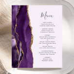 Menú Boda Agate de Oro Púrpura de Presupuesto<br><div class="desc">En el extremo izquierdo de este elegante y moderno menú boda, se sirve una pastilla color morado con un purpurina de oro falso. El texto del personalizable combina el guión de escritura a mano gris carbón y fuentes de copperplate en un fondo púrpura pálido. El reverso presenta un diseño de...</div>