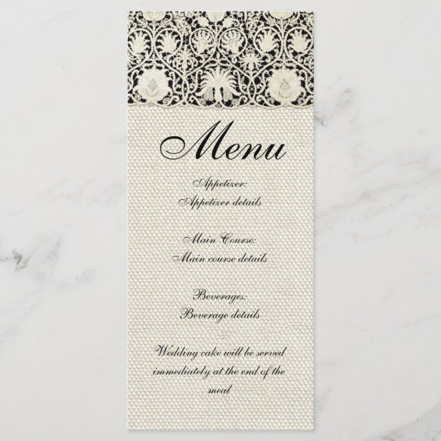 Menú Boda Antiguo Encaje Lino Blanco Clásico Bonito (Anverso)