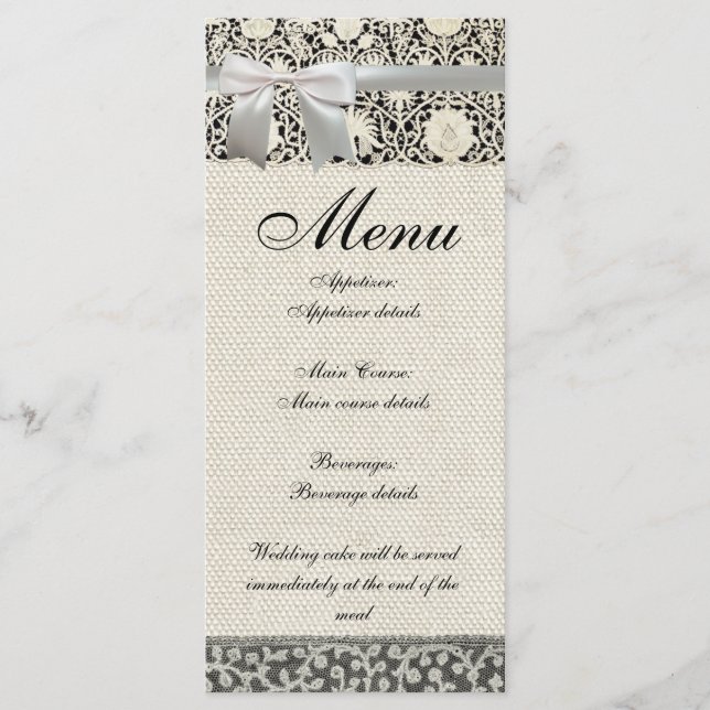 Menú Boda Antiguo Encaje Lino Blanco Clásico Bonito (Anverso)