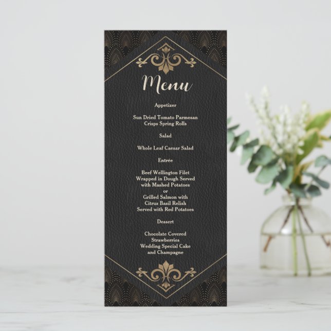 Menú Boda Art Déco de La Gran Gatsby en oro real (Anverso de pie)