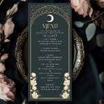 Menú Boda Art Nouveau Celestial Elegante Arco<br><div class="desc">Eleva tu evento con nuestro menú inspirado en el Art Nouveau. Con un arco dorado radiante, estrellas brillantes y delicadas flores blancas enmarcadas en un fondo azul profundo, este diseño añade elegancia eterna a tu mesa. ¡Ideal para bodas, galas y reuniones de alto nivel! Tenga en cuenta que el oro...</div>