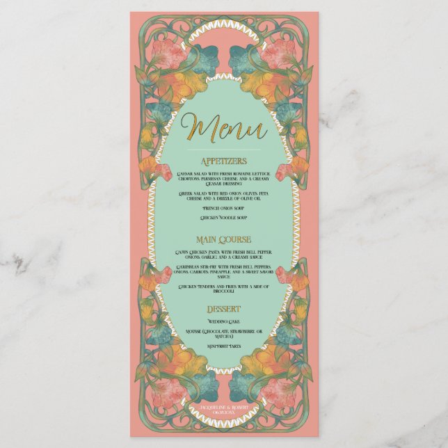 Menú Boda Art Nouveau de color rosa (Anverso)
