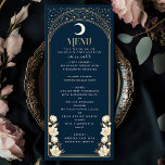 Menú Boda Art Nouveau de la Marina Celestial Elegante A<br><div class="desc">Eleva tu evento con nuestro menú inspirado en el Art Nouveau. Con un arco dorado radiante, estrellas brillantes y delicadas flores blancas enmarcadas en un fondo marino profundo, este diseño añade elegancia eterna a la mesa. ¡Ideal para bodas, galas y reuniones de alto nivel! Tenga en cuenta que el oro...</div>