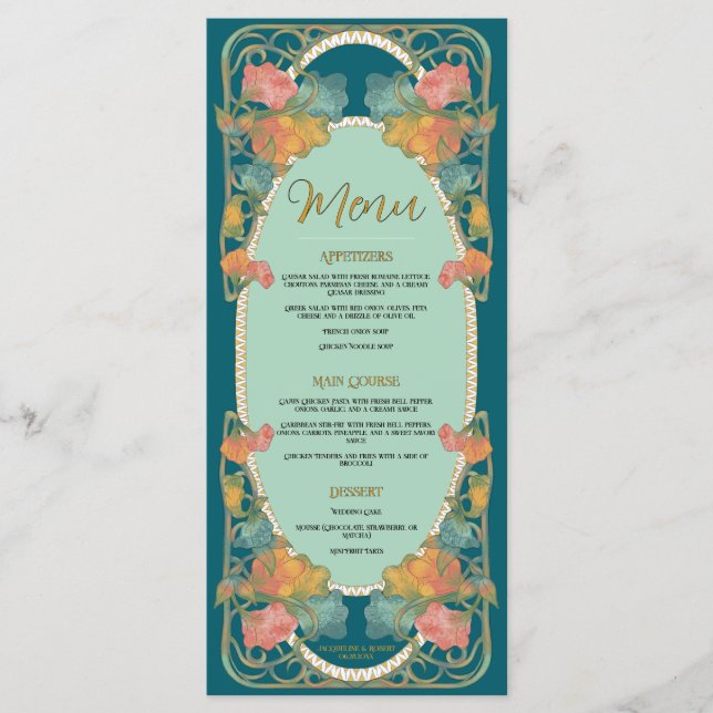 Menú Boda Art Nouveau verde azulado (Anverso)