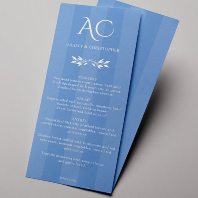 Menú Boda azul de flor de maíz con bandas de monograma  (Subido por el creador)