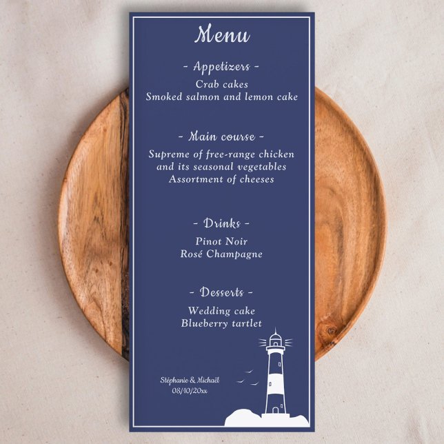 Menú Boda azul de la marina del faro (Lighthouse Navy Blue Wedding Menu)