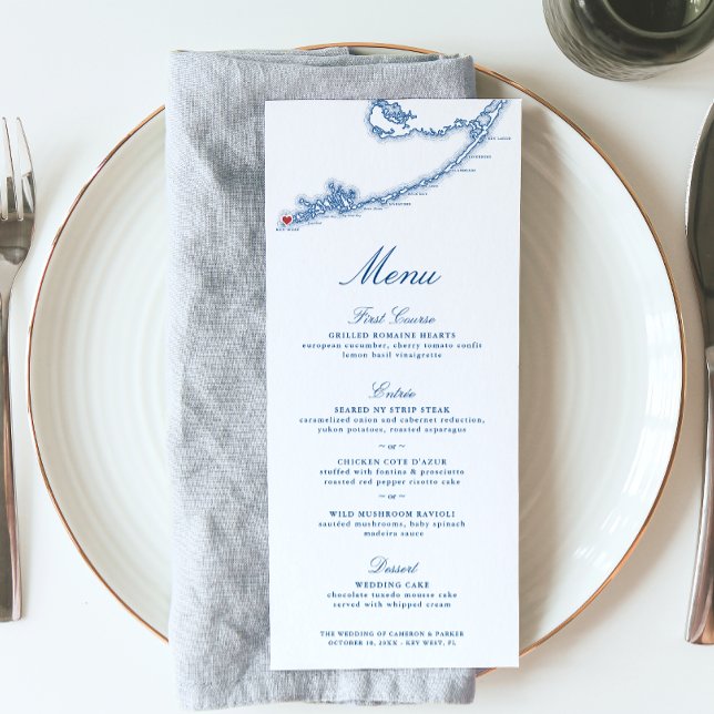 Menú Boda azul de la Marina Elegante del Mapa FL Occide (Key West FL Map wedding menu for an elegant navy blue destination wedding from Coastal Map Designs)