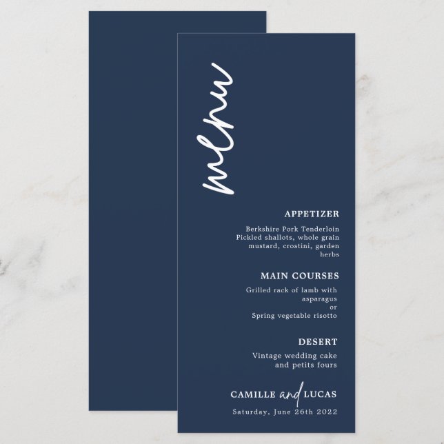 Menú Boda azul de la marina minimalista (Anverso / Reverso)